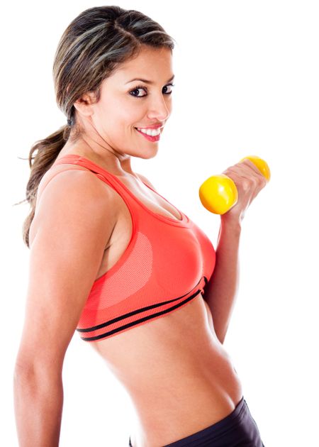 Woman exercising with weights - isolated over a white background