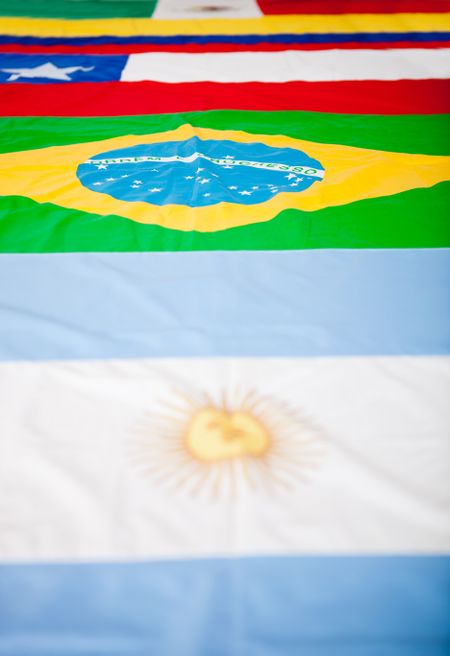 Close up picture of different Latin American flags