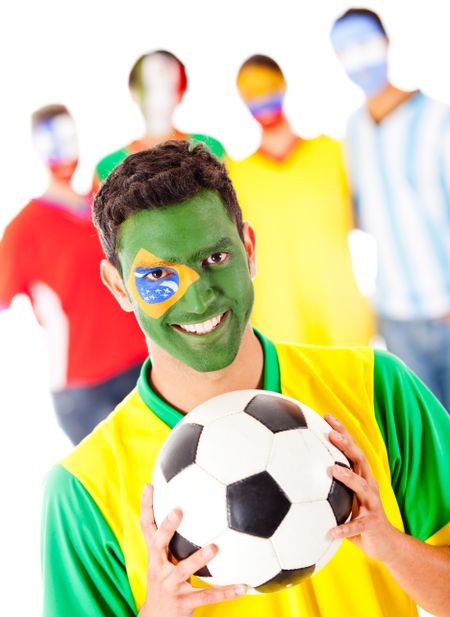 Brazilian football fan leading a Latinamerican group - isolated over a white background