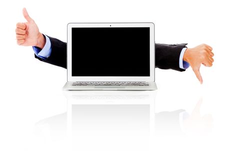 Laptop computer with thumbs up and down as like or dislike - isolated