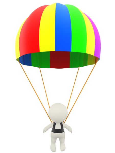 3D man with a parachute - isolated over a white background