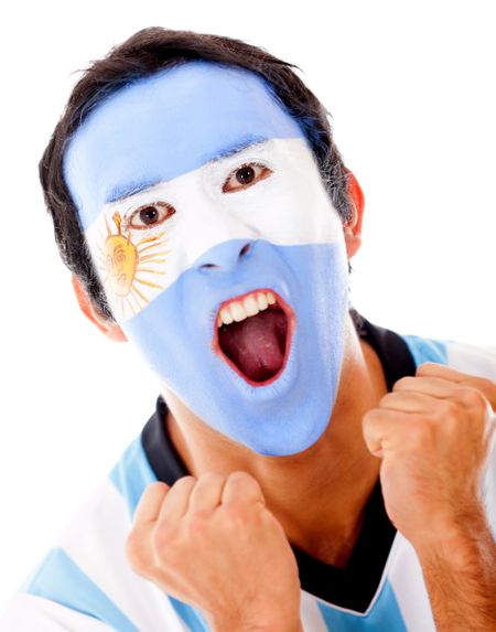 Argentinean man shouting from excitement - isolated over a white background