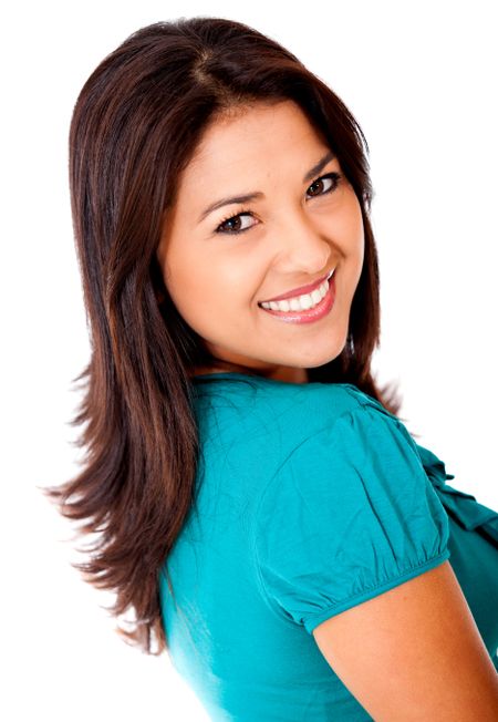 Beautiful woman smiling - isolated over a white background