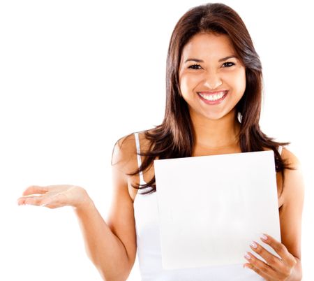 Happy woman holding a paper - isolated over a white background