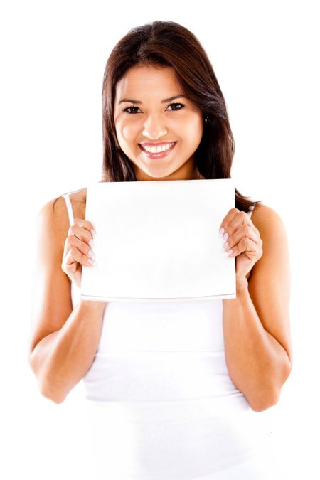 Woman holding a poster - isolated over a white background