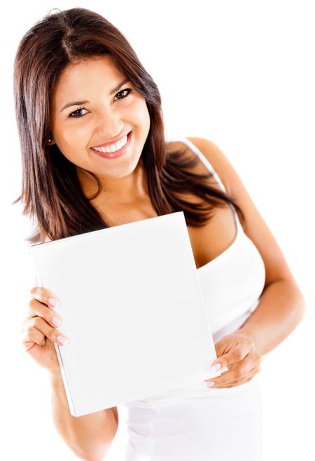 Beautiful woman holding a banner - isolated over a white background