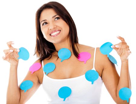 Woman holding thought bubbles - isolated over a white background