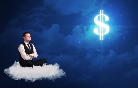 Caucasian businessman sitting on a white fluffy cloud wondering about huge money sign