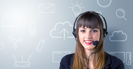 Young female telemarketer with white mixed media icons around her