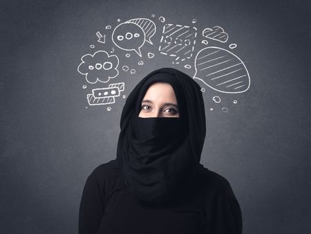 Young muslim woman wearing niqab with drawn speech bubbles above her head 
