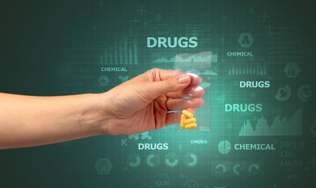 Naked hand gives chemicals in vacuum plastic bag with scholarly concept