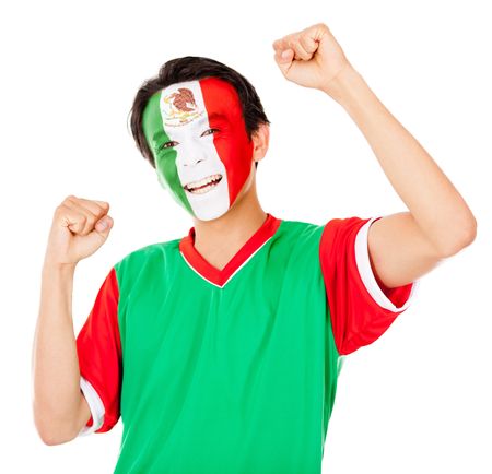 Mexican man celebrating with arms up - isolated over a white background