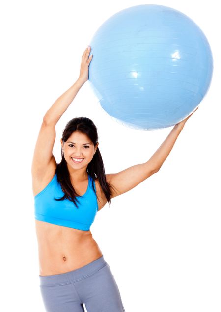 woman-exercising-pilates-ball-isolated-white-100802368 Woman exercising with Pilates ball - isolated over a white background