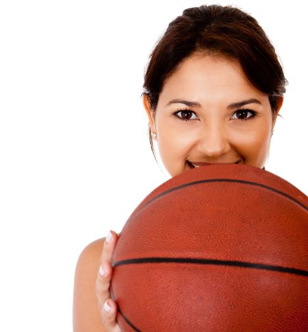 Female basketball player with a ball - isolated over a white background