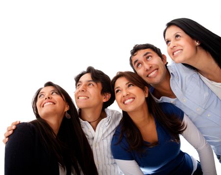 Group of people looking up - isolated over a white background