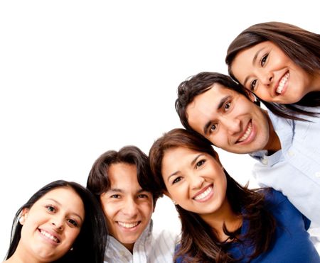 Happy group of friends smiling - isolated over a white background