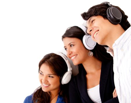 Group listening to music with headphones - isolated over a white background