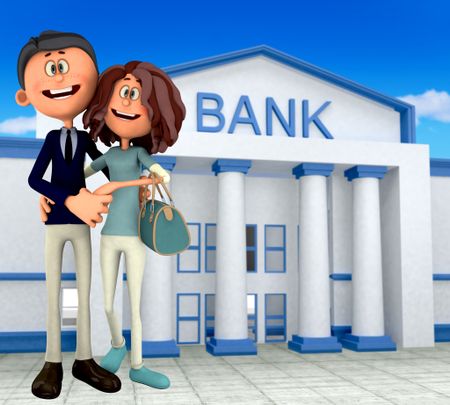 3D happy couple at the bank - financial concepts