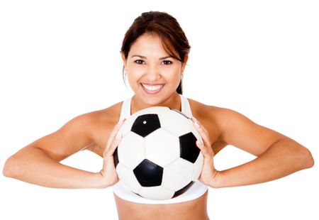 Female football player with a ball - isolated over a white background