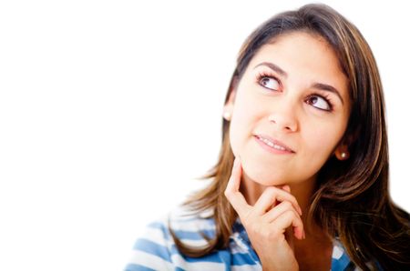 Thoughtful woman portrait - isolated over a white background