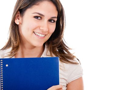 Education portrait of a woman holding notebook - isolated