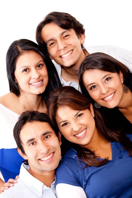 Close group of friends - isolated over a white background