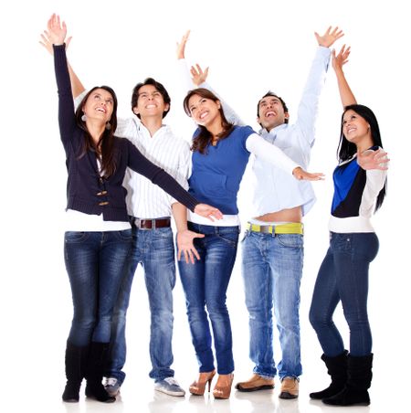 Happy group of people celebrating - isolated over a white background