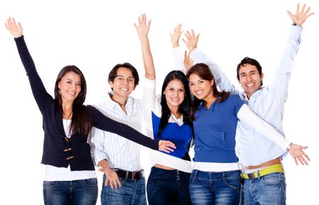 Happy friends celebrating with arms up - isolated over white