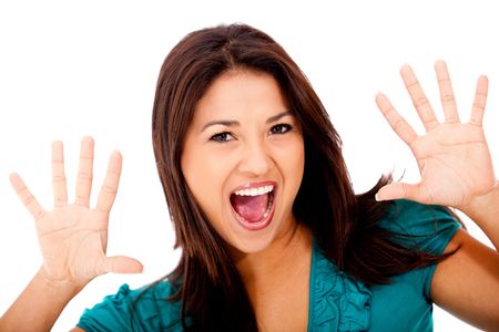 Woman portrait screaming - isolated over a white background