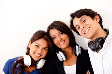 Group of friends with headphones - isolated over a white background
