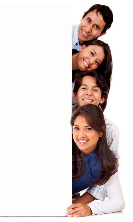 Group of people with a banner - isolated over a white background