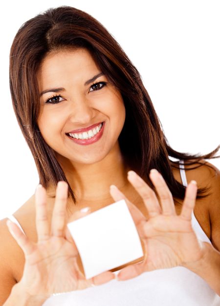 Woman holding a white card and smiling Ã?Â?Ã?Â� isolated