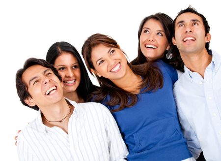 Happy group of friends laughing - isolated over a white background