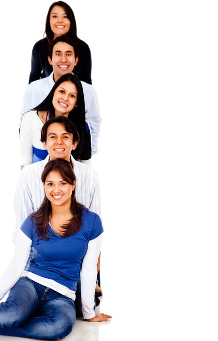 Group of friends in a vertical line - isolated over a white background