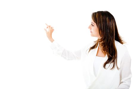 Businesswoman pointing - isolated over a white background