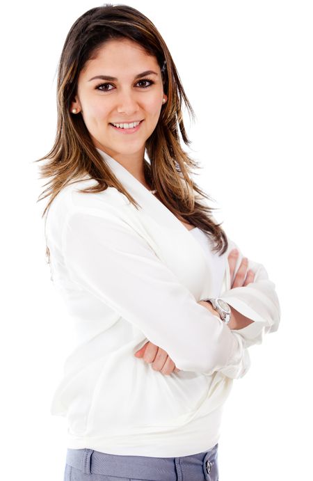 Confident business woman with arms crossed - isolated over white