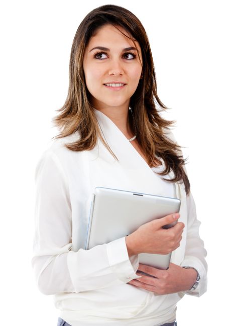 Businesswoman looking up and holding a folder - isolated over white