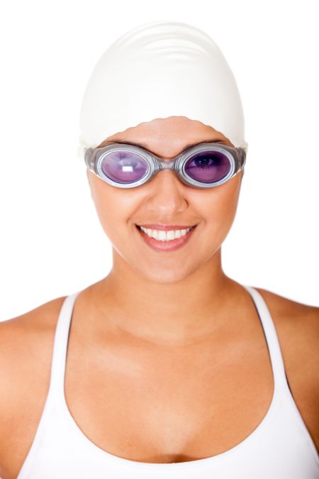 Female swimmer with goggles and hat - isolated over white