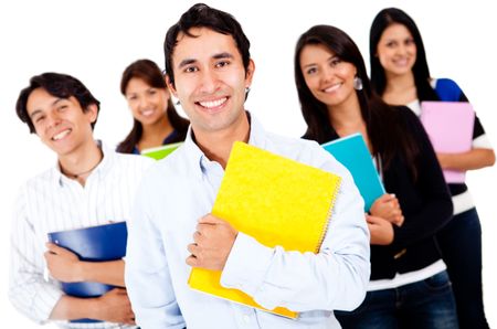 Group of university students smiling - isolated over white