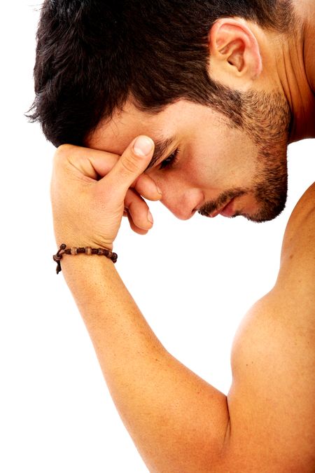 fashion man face portrait looking down deep in thought - isolated over a white background