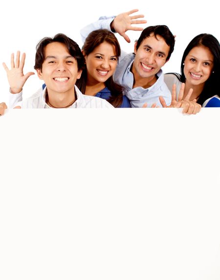 Happy group of friends with banner - isolated over a white background