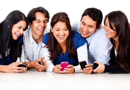 Happy group of friends gossiping on a cell phone