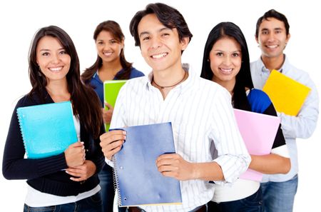 Group of students holding notebooks - isolated over a white background