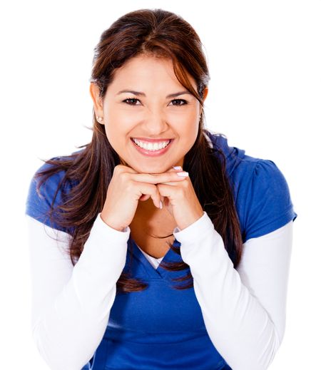 Happy casual woman smiling - isolated over a white background