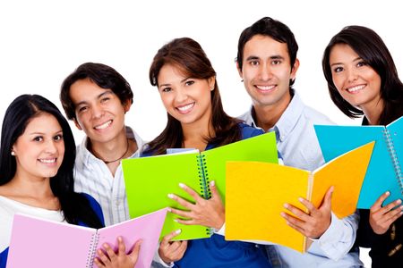 Group of students holding notebooks - isolated over a white background