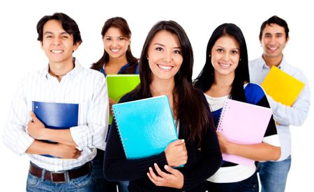 Happy group of college students - isolated over a white background