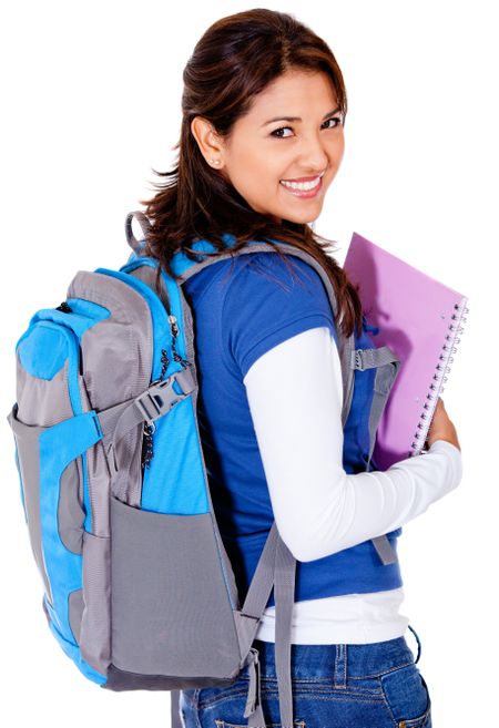 Female student with a backpack - isolated over a white background