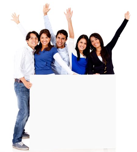 Group of people with a banner - isolated over a white background