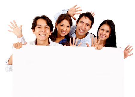 Fun group of friends holding a banner - isolated over a white background