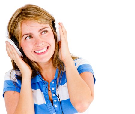 Girl listening to music - isolated over a white background